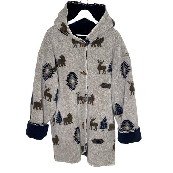 Vintage Denali Hooded Fleece Reversible Jacket, Deer Print, Toggle Closure, 2XL - Picture 1 of 7